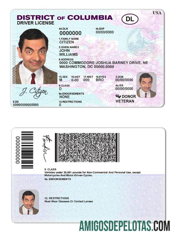 Carta de condução do distrito de Columbia nos EUA exemplo real